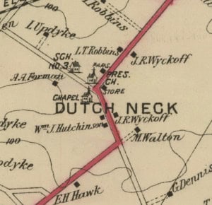 1. Vintage map of Dutch Neck area highlighting key landmarks and historical sites.